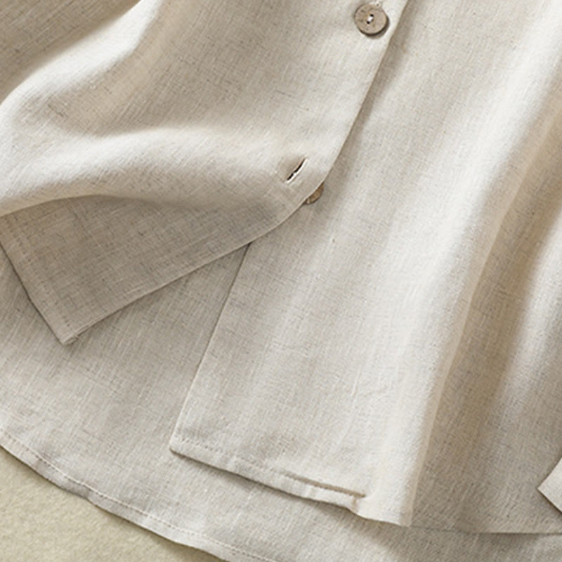 Buddha Stones Casual Spring Plain Buttons Design V-Neck Long Sleeve Women's Cotton Linen Shirt
