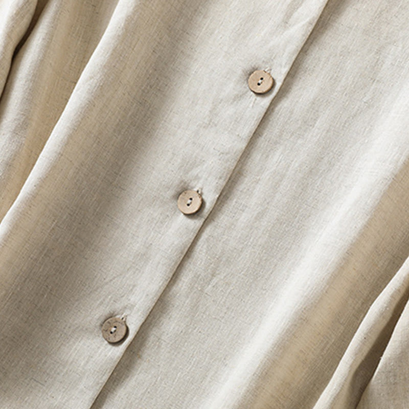Buddha Stones Casual Spring Plain Buttons Design V-Neck Long Sleeve Women's Cotton Linen Shirt