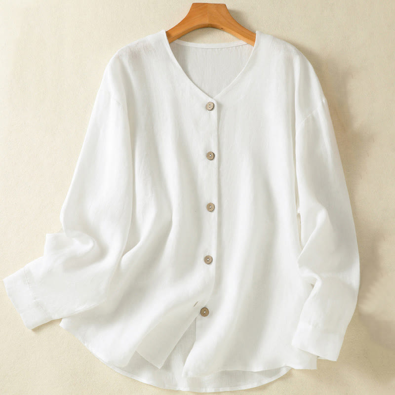Buddha Stones Casual Spring Plain Buttons Design V-Neck Long Sleeve Women's Cotton Linen Shirt