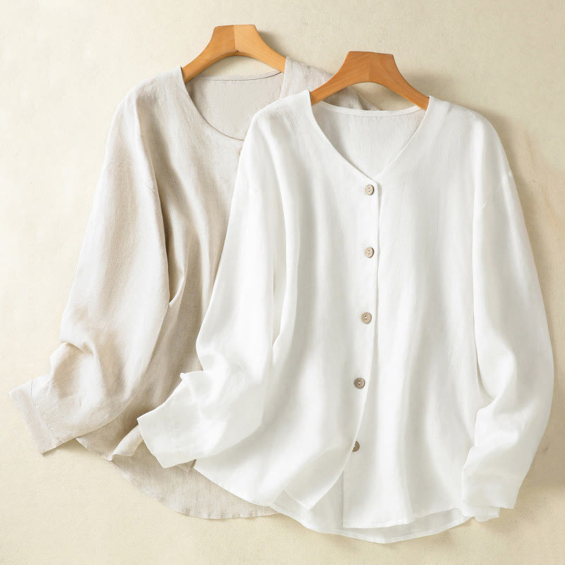 Buddha Stones Casual Spring Plain Buttons Design V-Neck Long Sleeve Women's Cotton Linen Shirt