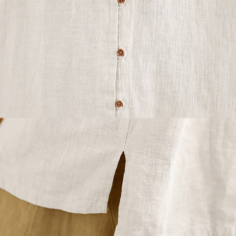 Buddha Stones Casual Solid Color Front Buttons Design Long Sleeve Women's Cotton Linen Shirt