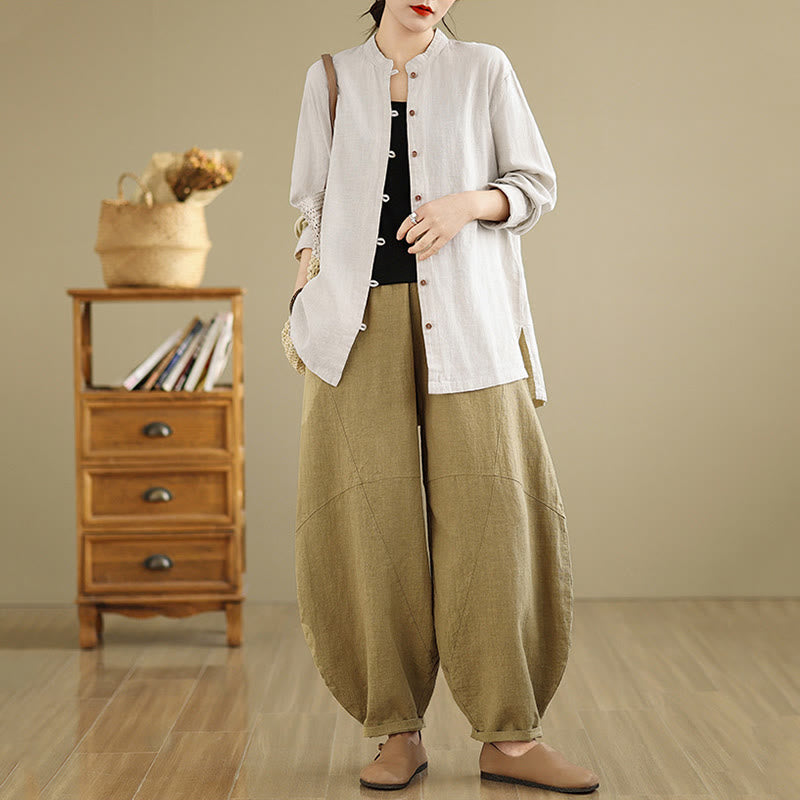 Buddha Stones Casual Solid Color Front Buttons Design Long Sleeve Women's Cotton Linen Shirt