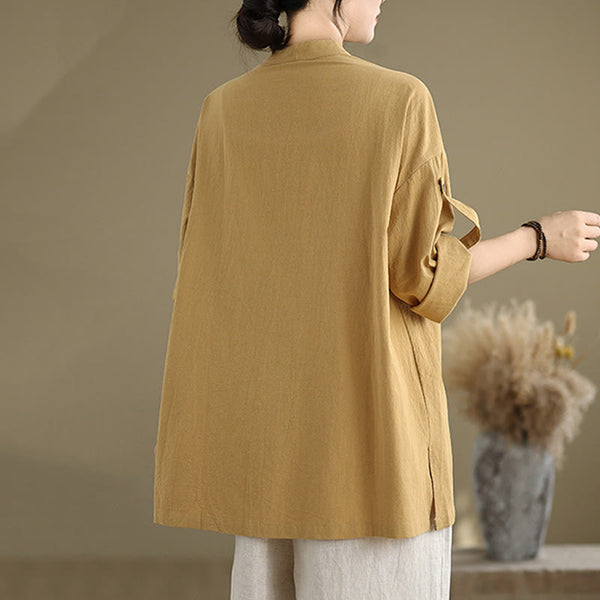 Buddha Stones Commute Casual Pure Color Long Sleeve Women's Cotton Linen Shirt With Pocket