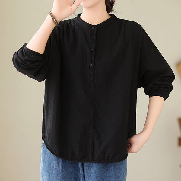 Buddha Stones Commute Spring Plain Half Buttons Simple Design Women's Cotton Linen Shirt