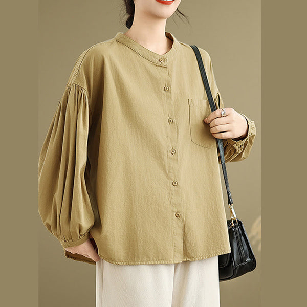 Buddha Stones Commute Plain Half Buttons Accordion Pleats Design Women's Cotton Linen Shirt