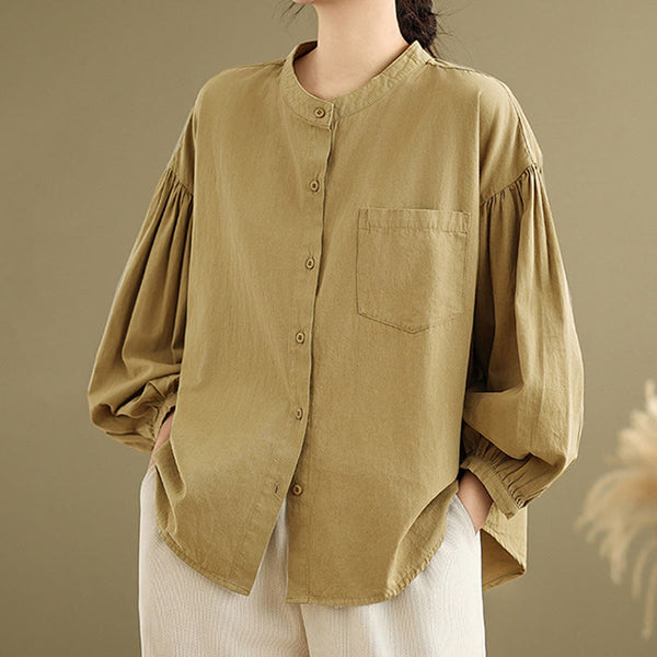 Buddha Stones Commute Plain Half Buttons Accordion Pleats Design Women's Cotton Linen Shirt