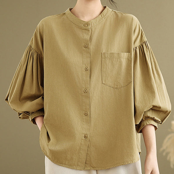 Buddha Stones Commute Plain Half Buttons Accordion Pleats Design Women's Cotton Linen Shirt