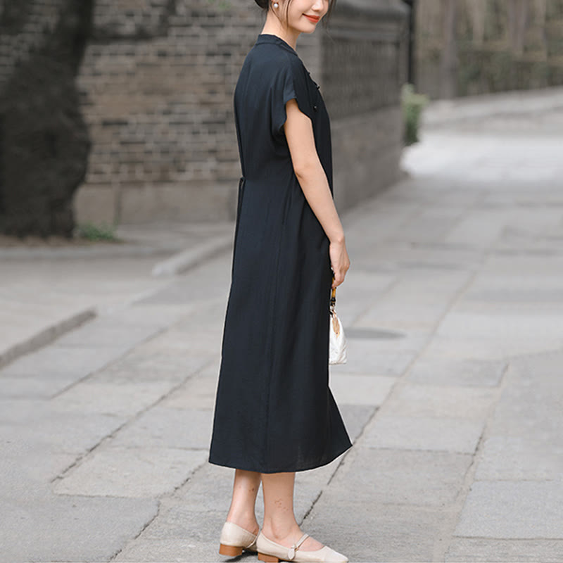 Buddha Stones Casual Plain Cheongsam Lace-Up Design Cotton Linen Short Sleeve Midi Dress