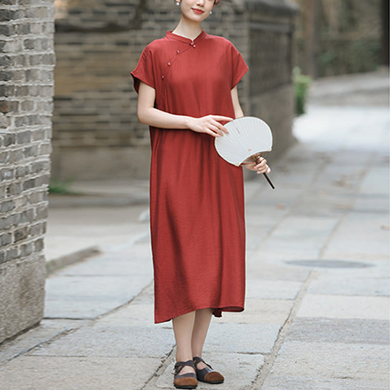 Buddha Stones Casual Plain Cheongsam Lace-Up Design Cotton Linen Short Sleeve Midi Dress