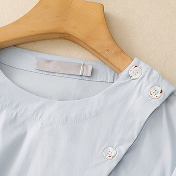 Buddha Stones 2pcs Irregular Button Design Shirt Skirt With Pockets Cotton Clothing Women's Set