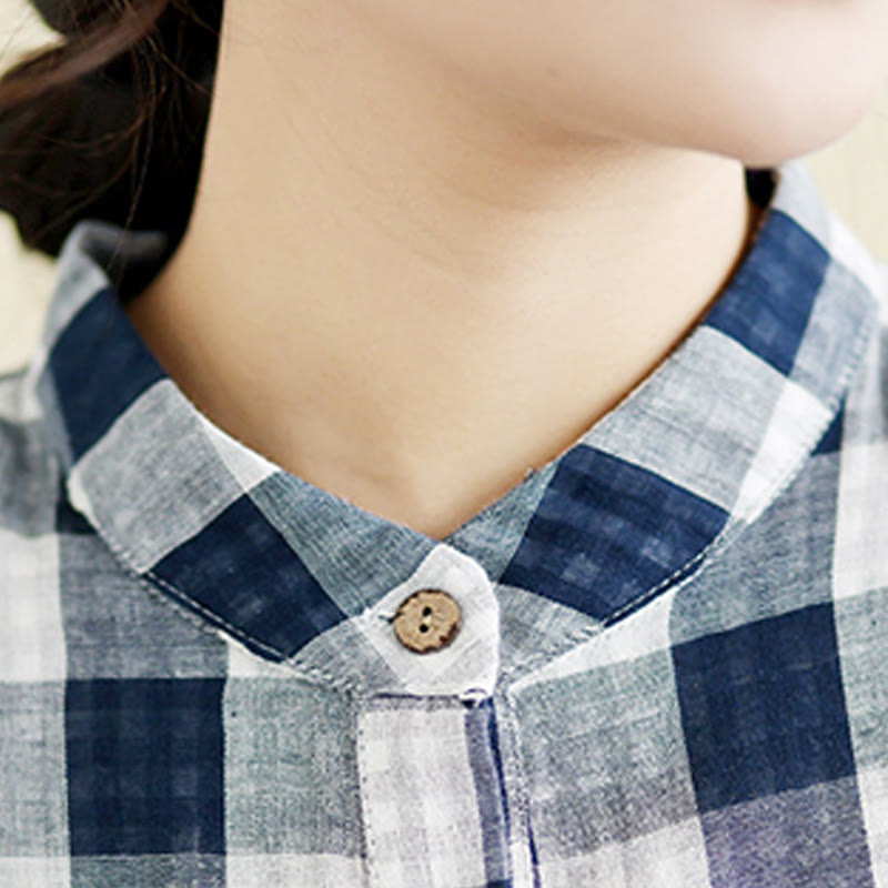 Buddha Stones Casual Plaid Pattern Half Sleeve Cotton Linen Midi Dress With Pockets