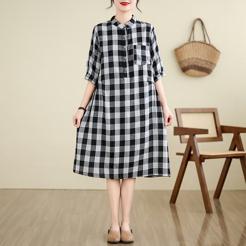 Buddha Stones Casual Plaid Pattern Half Sleeve Cotton Linen Midi Dress With Pockets