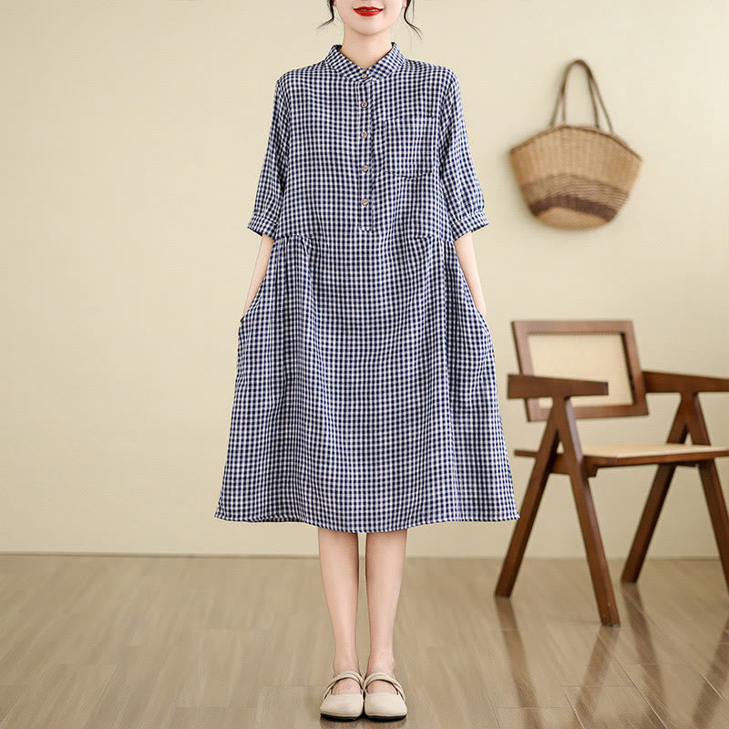 Buddha Stones Casual Plaid Pattern Half Sleeve Cotton Linen Midi Dress With Pockets