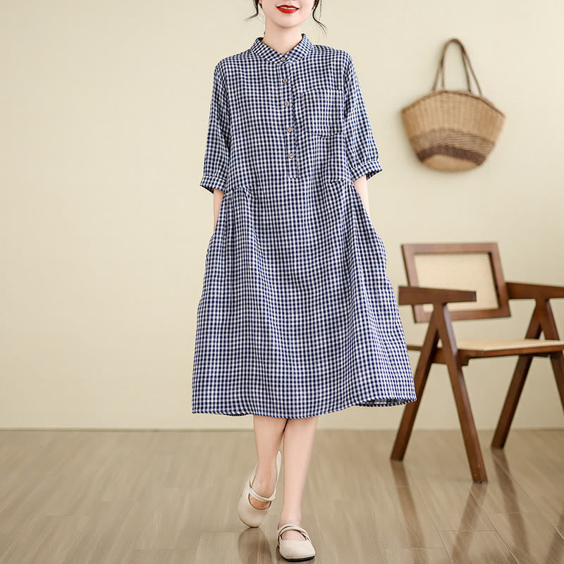 Buddha Stones Casual Plaid Pattern Half Sleeve Cotton Linen Midi Dress With Pockets