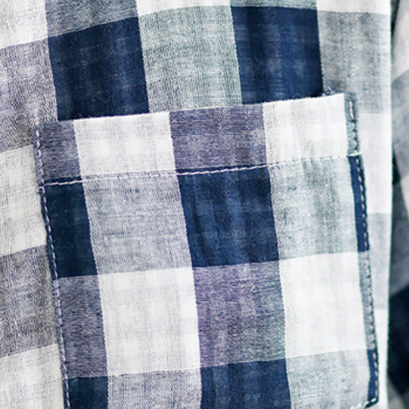 Buddha Stones Casual Plaid Pattern Half Sleeve Cotton Linen Midi Dress With Pockets