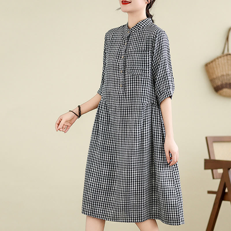 Buddha Stones Casual Plaid Pattern Half Sleeve Cotton Linen Midi Dress With Pockets