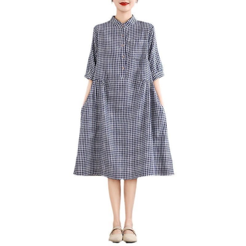 Buddha Stones Casual Plaid Pattern Half Sleeve Cotton Linen Midi Dress With Pockets