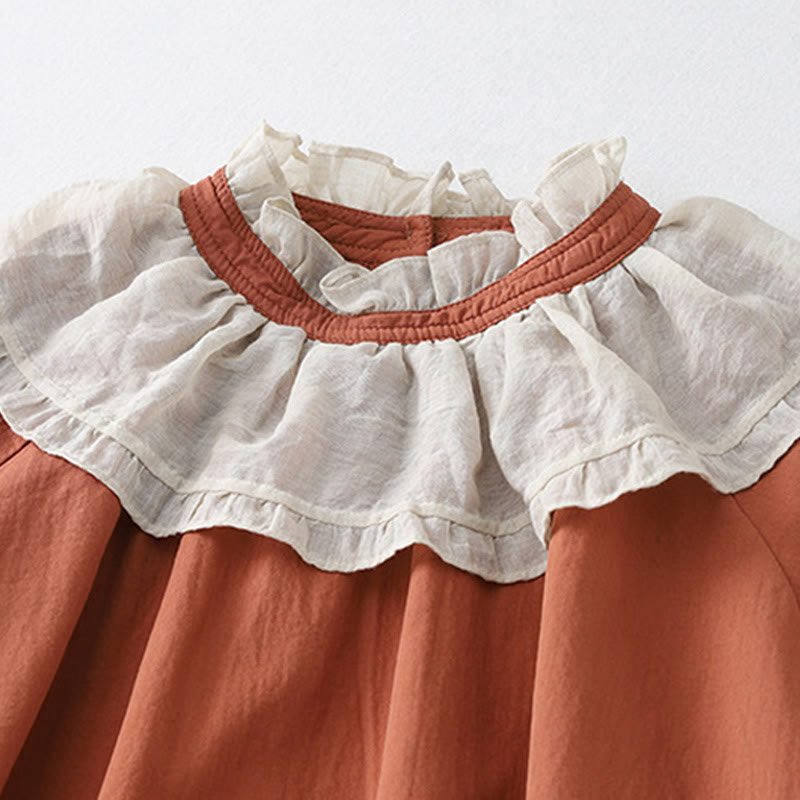 Buddha Stones Casual Ruffled Lace Patchwork Design Puff Sleeve Cotton Midi Dress With Pockets