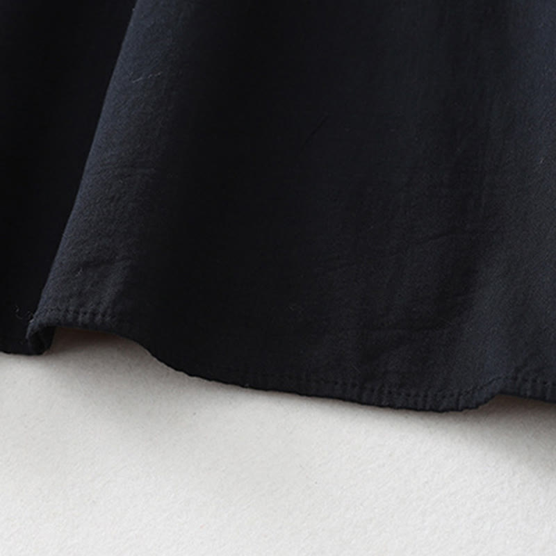 Buddha Stones Casual Ruffled Lace Patchwork Design Puff Sleeve Cotton Midi Dress With Pockets