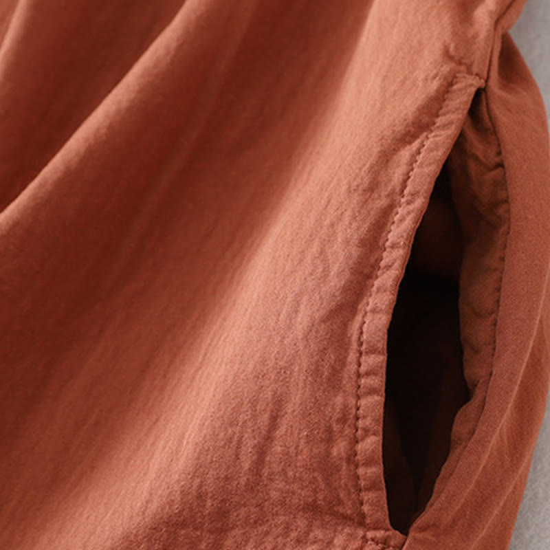 Buddha Stones Casual Ruffled Lace Patchwork Design Puff Sleeve Cotton Midi Dress With Pockets