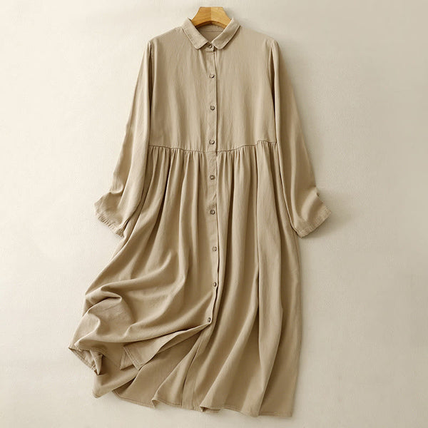 Buddha Stones Commute Pure Color Button Design Lapel Cotton Midi Dress