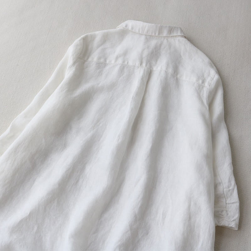 Buddha Stones Buttons Design Lapel Three Quarter Sleeve Cotton Linen Midi Dress With Pockets