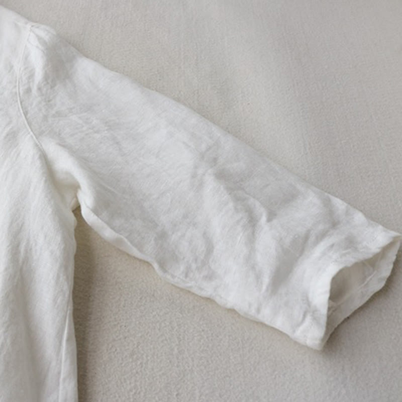 Buddha Stones Buttons Design Lapel Three Quarter Sleeve Cotton Linen Midi Dress With Pockets