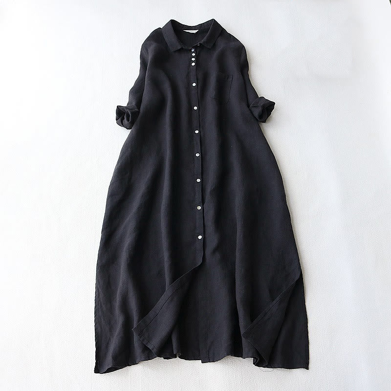 Buddha Stones Buttons Design Lapel Three Quarter Sleeve Cotton Linen Midi Dress With Pockets