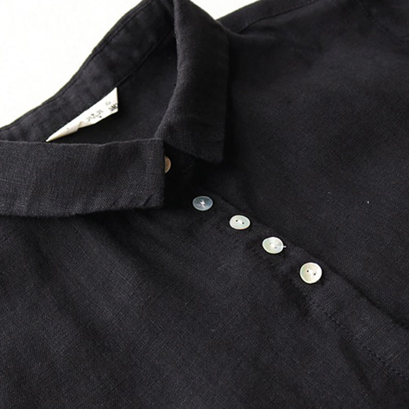 Buddha Stones Buttons Design Lapel Three Quarter Sleeve Cotton Linen Midi Dress With Pockets