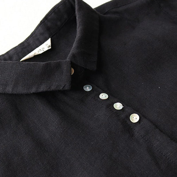 Buddha Stones Buttons Design Lapel Three Quarter Sleeve Cotton Linen Midi Dress With Pockets