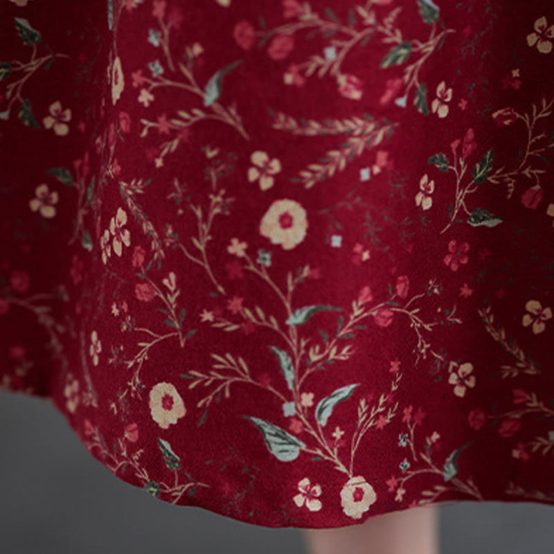 Buddha Stones Ethnic Printing Drawstring Long Sleeve Cotton Linen Maxi Dress With Pockets