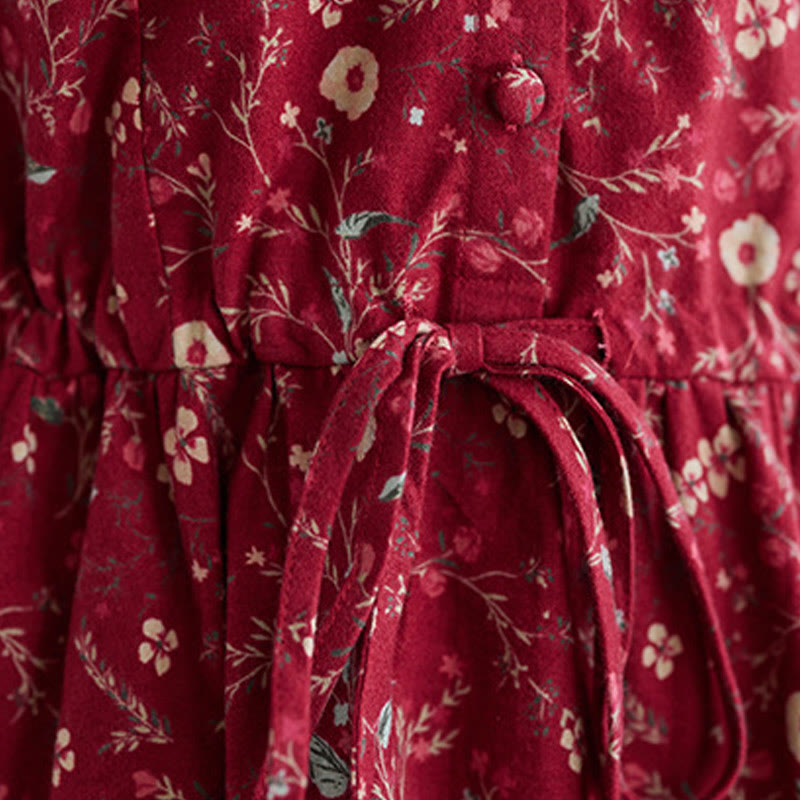 Buddha Stones Ethnic Printing Drawstring Long Sleeve Cotton Linen Maxi Dress With Pockets