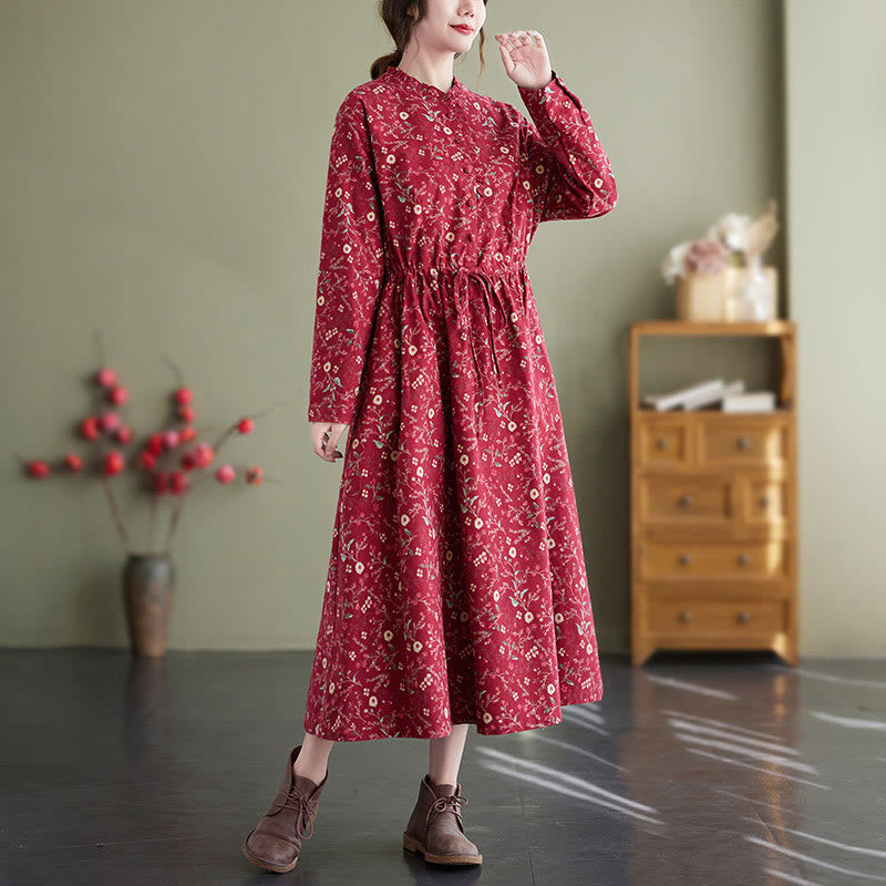 Buddha Stones Ethnic Printing Drawstring Long Sleeve Cotton Linen Maxi Dress With Pockets
