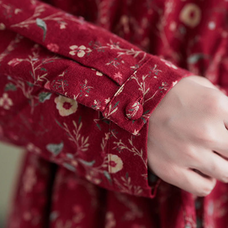 Buddha Stones Ethnic Printing Drawstring Long Sleeve Cotton Linen Maxi Dress With Pockets