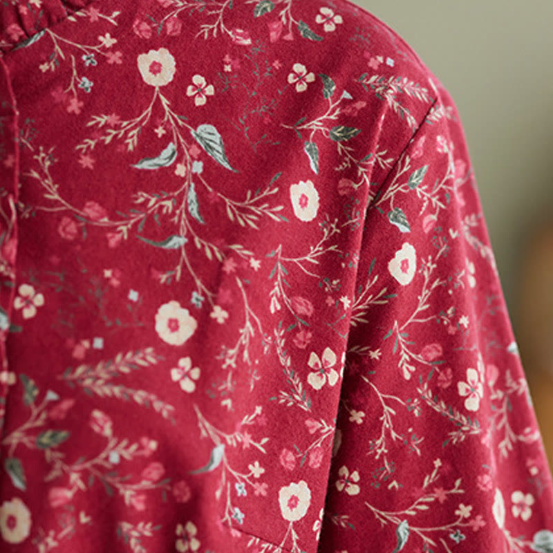 Buddha Stones Ethnic Printing Drawstring Long Sleeve Cotton Linen Maxi Dress With Pockets