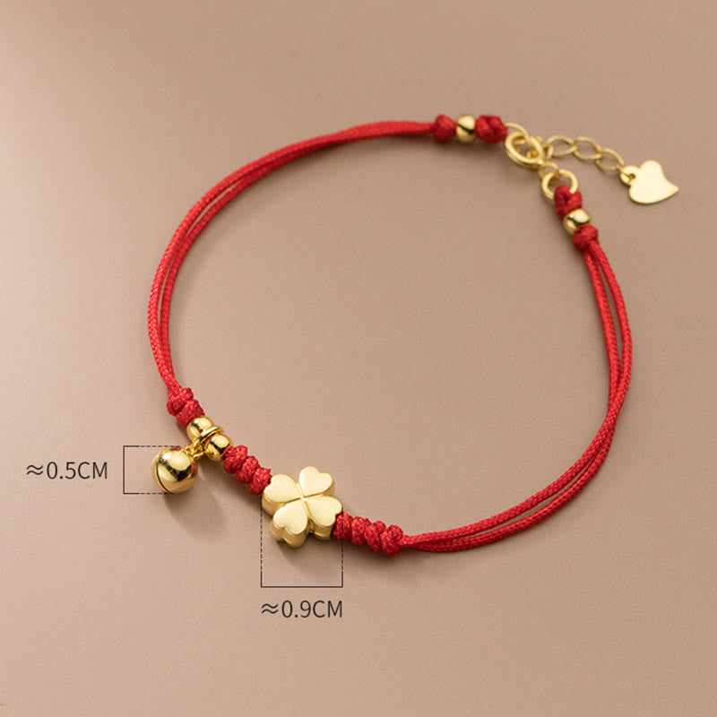 Buddha Stones 925 Sterling Silver Plated Gold Four Leaf Clover Red String Connection Bracelet