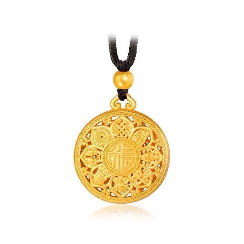 Buddha Stones Copper Eight Treasure Compass Fu Character Fortune Rope Necklace Pendant