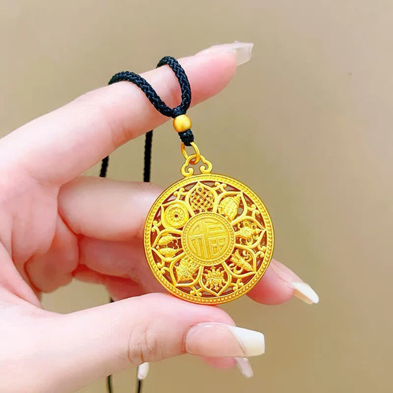 Buddha Stones Copper Eight Treasure Compass Fu Character Fortune Rope Necklace Pendant