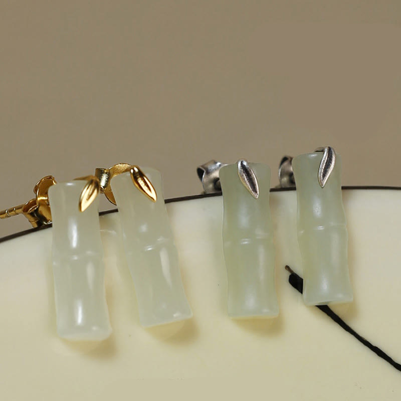 Buddha Stones Bamboo Hetian Jade 925 Sterling Silver Leaf Wealth Earrings