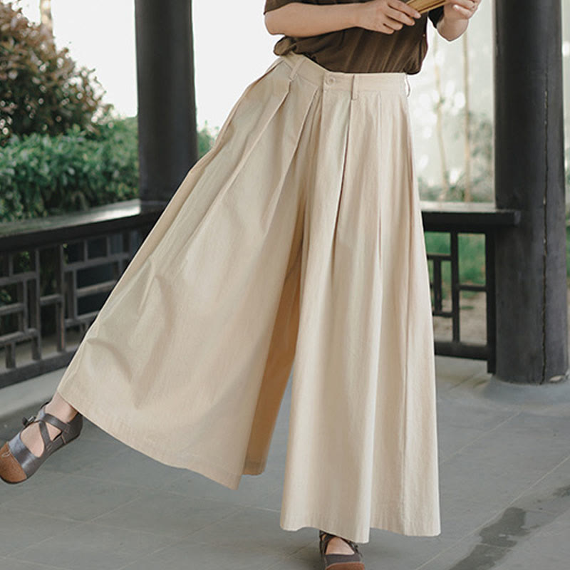Buddha Stones Casual Plain Loose Cotton Women's Wide Leg Pants With Pockets