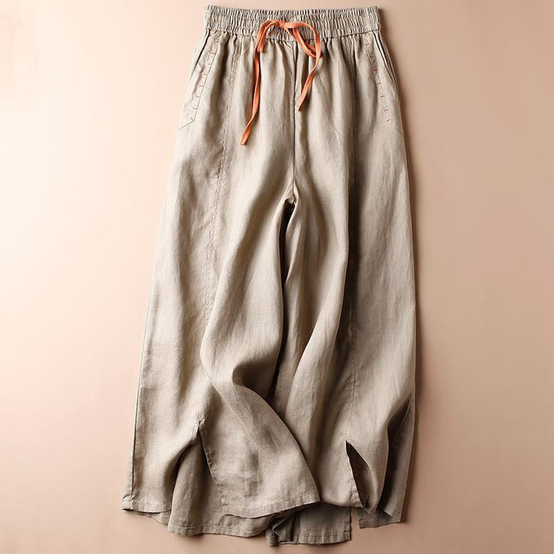 Buddha Stones Casual Cotton Slit Hem Women's 7-8 Length Wide Leg Pants With Pockets