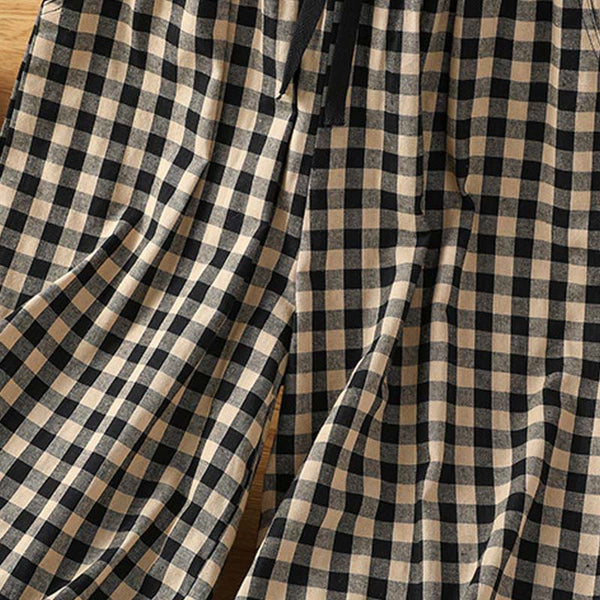 Buddha Stones Casual Cotton Stitching Grid Women's 7-8 Length Wide Leg Pants With Pockets