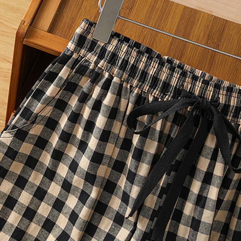 Buddha Stones Casual Cotton Stitching Grid Women's 7-8 Length Wide Leg Pants With Pockets