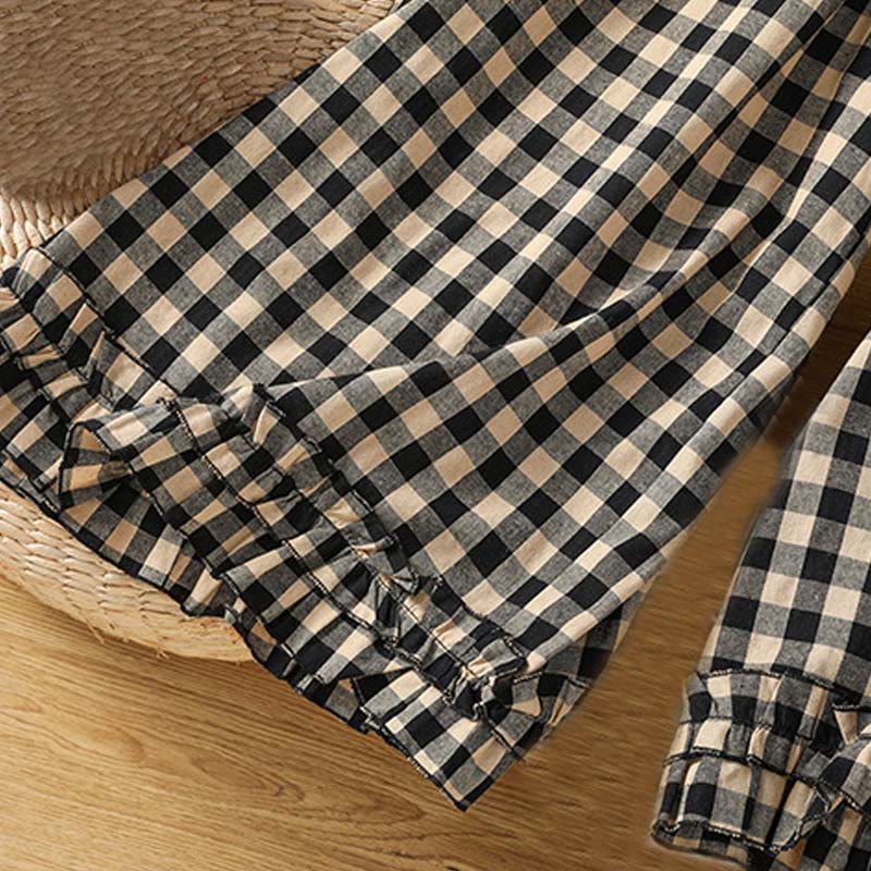 Buddha Stones Casual Cotton Stitching Grid Women's 7-8 Length Wide Leg Pants With Pockets