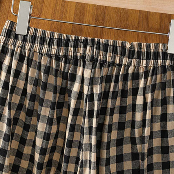 Buddha Stones Casual Cotton Stitching Grid Women's 7-8 Length Wide Leg Pants With Pockets