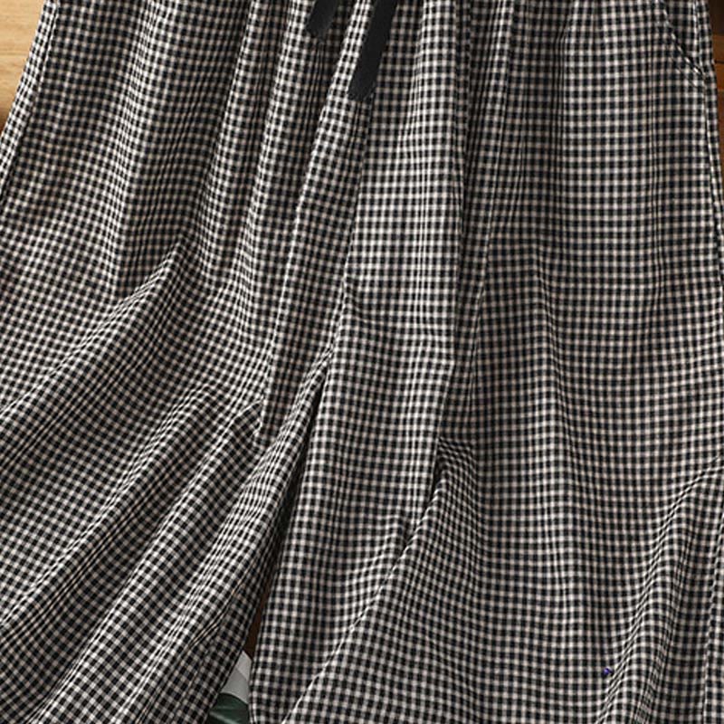 Buddha Stones Casual Cotton Stitching Grid Women's 7-8 Length Wide Leg Pants With Pockets