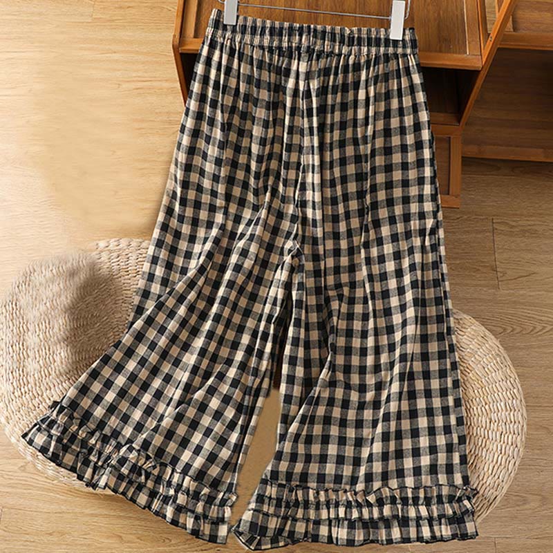 Buddha Stones Casual Cotton Stitching Grid Women's 7-8 Length Wide Leg Pants With Pockets