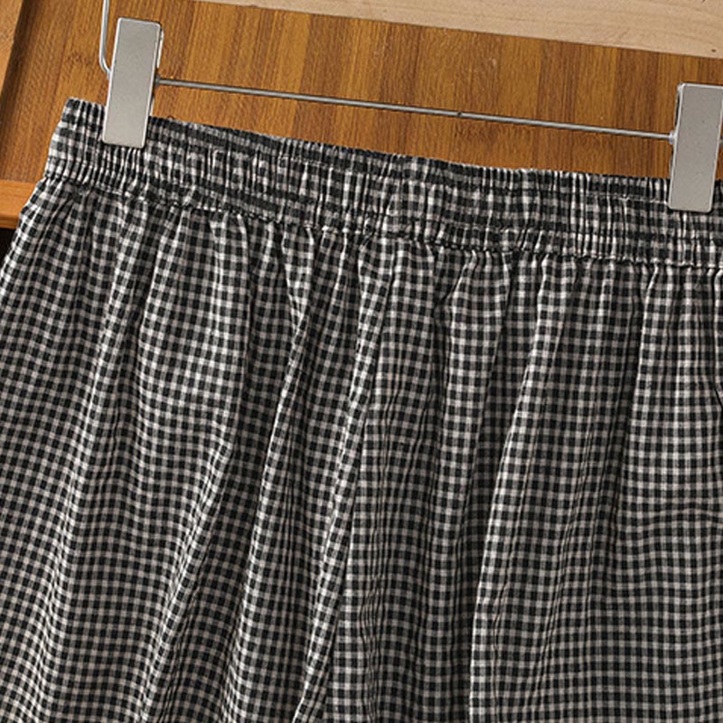 Buddha Stones Casual Cotton Stitching Grid Women's 7-8 Length Wide Leg Pants With Pockets