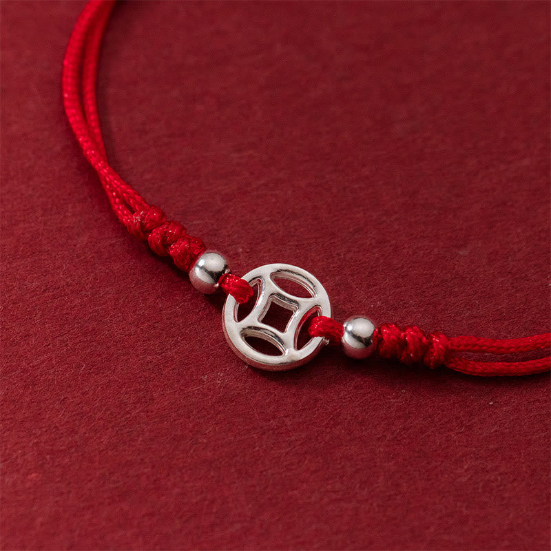 Buddha Stones 925 Sterling Silver Hollow Copper Coin Luck String Bracelet