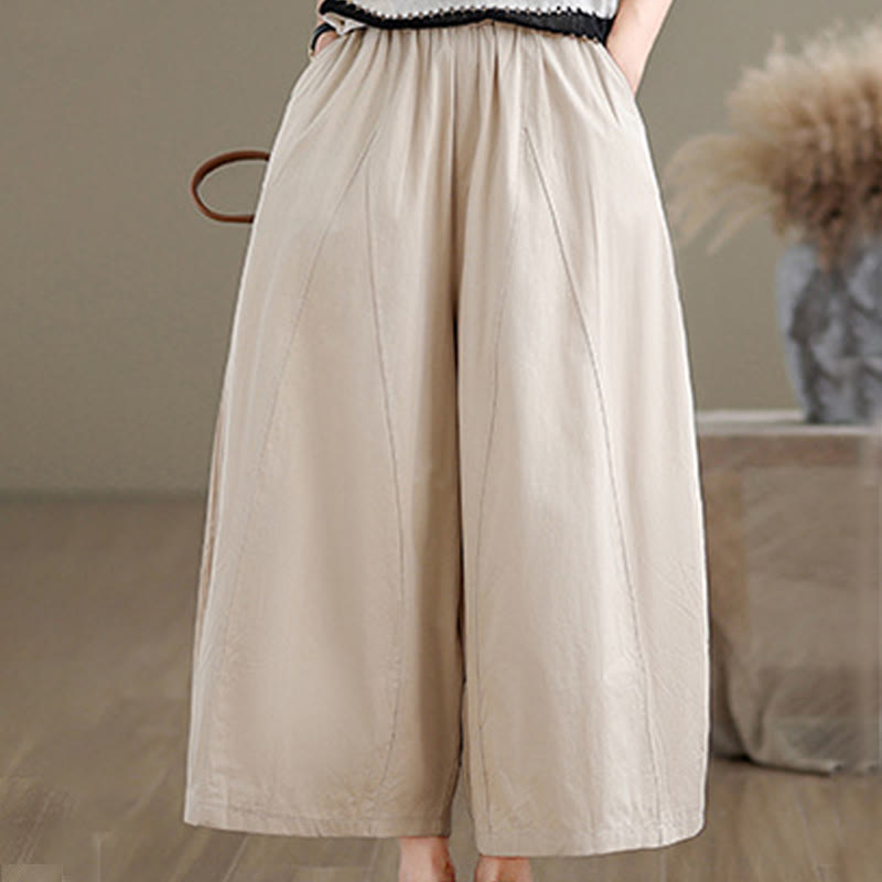 Buddha Stones Casual Plain Cotton Women's 7-8 Length Wide Leg Pants With Pockets